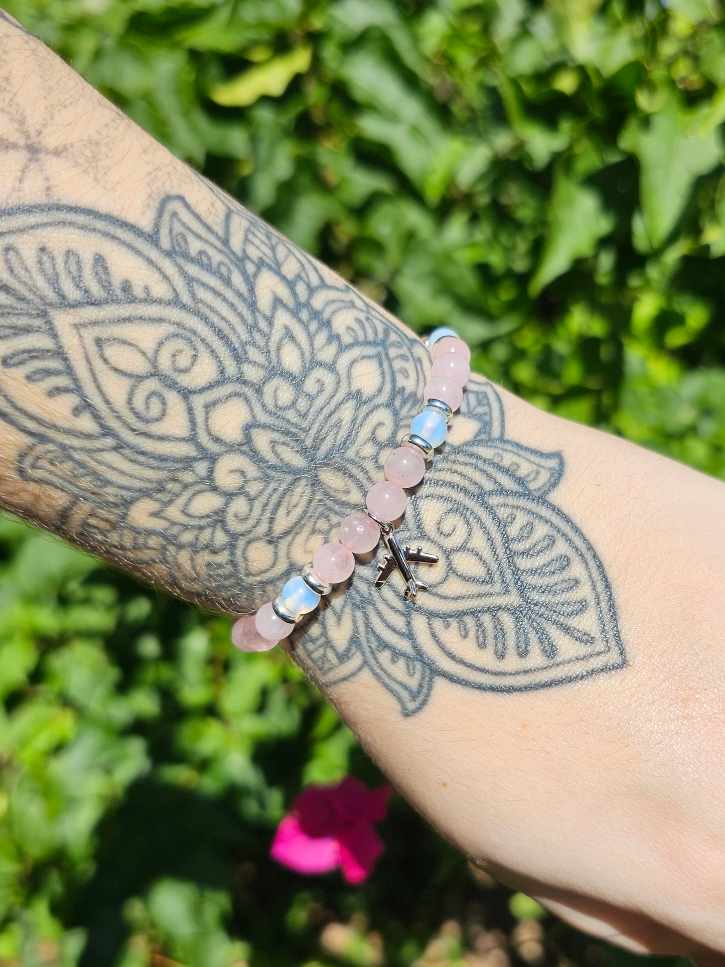 Rose Quartz and Opalite Bracelet w/ Airplane Charm (Anxiety)