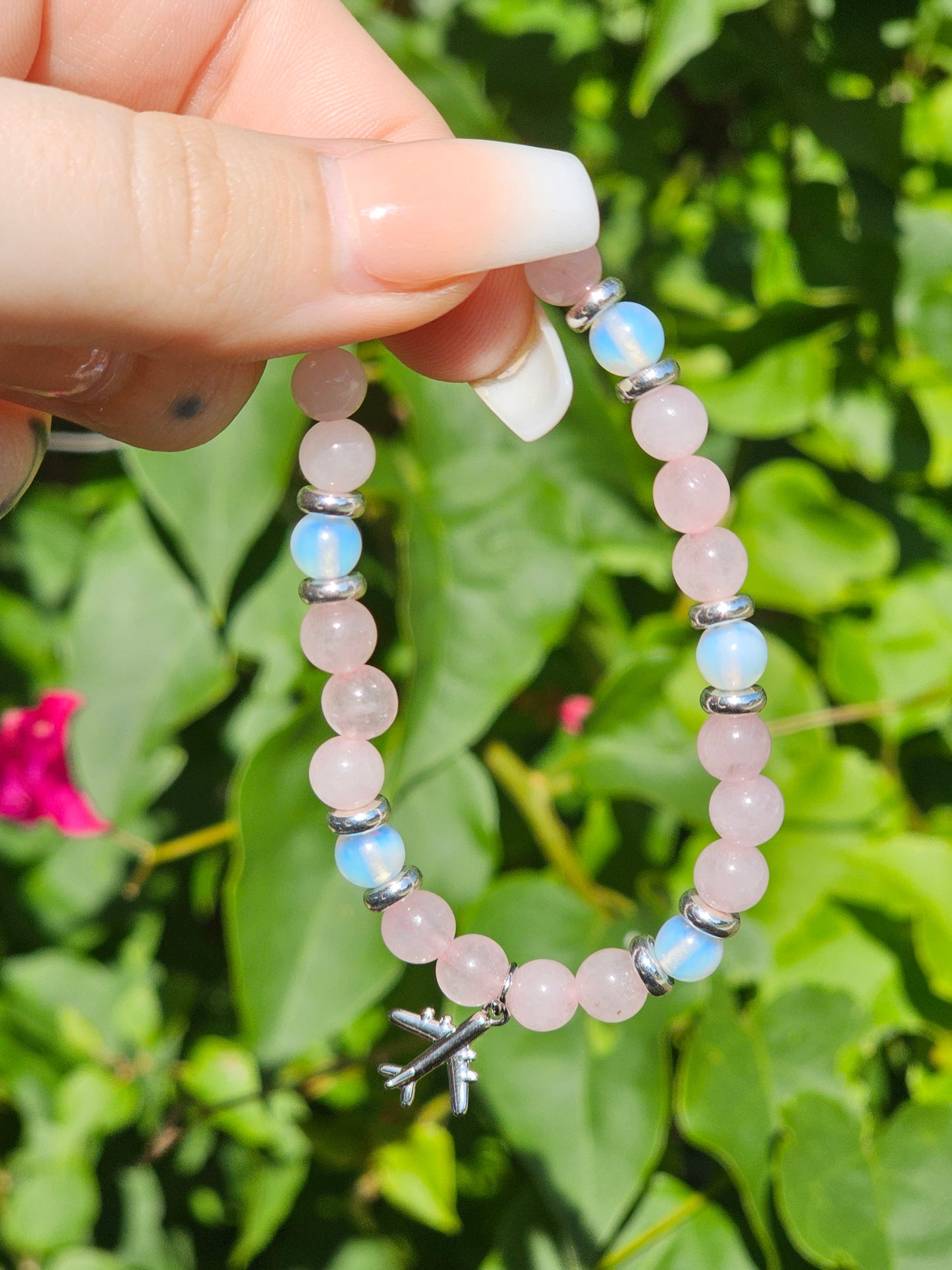 Rose Quartz and Opalite Bracelet w/ Airplane Charm (Anxiety)