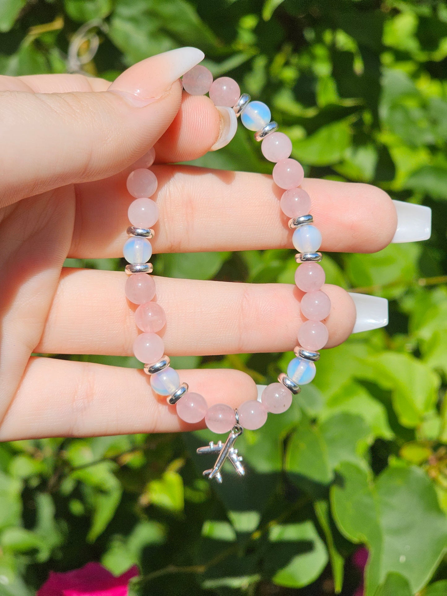 Rose Quartz and Opalite Bracelet w/ Airplane Charm (Anxiety)