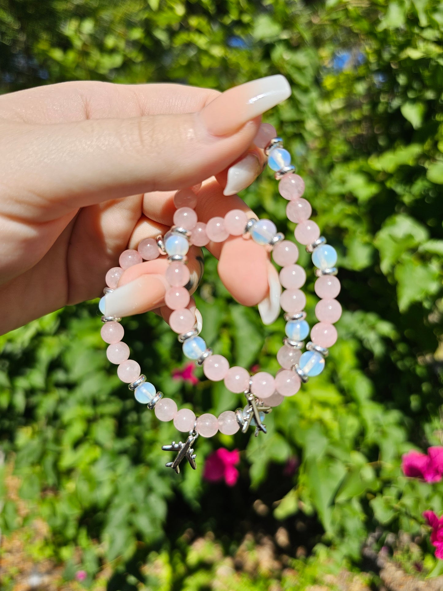 Rose Quartz and Opalite Bracelet w/ Airplane Charm (Anxiety)